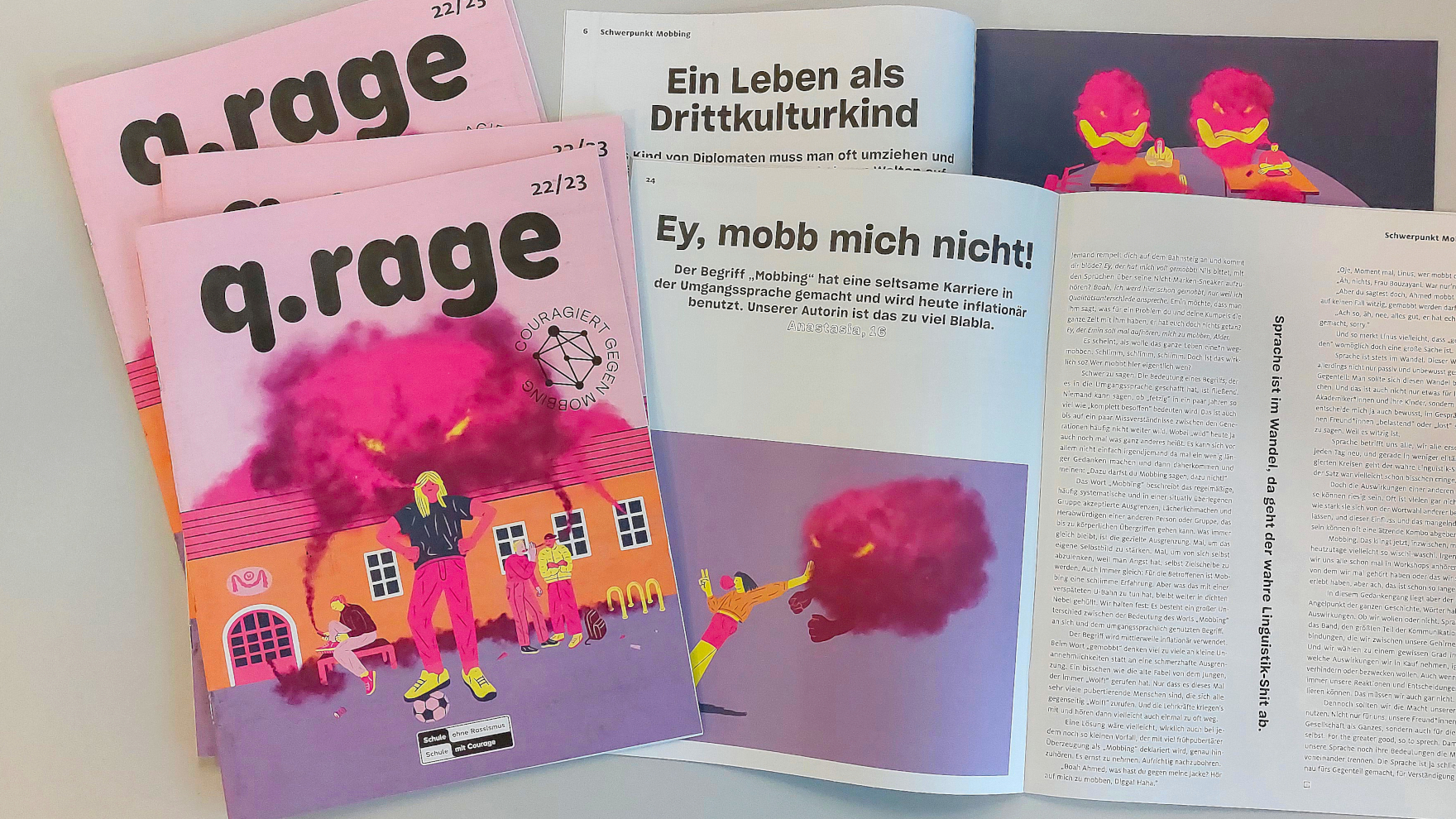 Zu sehen ist die qrage-Ausgabe zum Thema Mobbing.