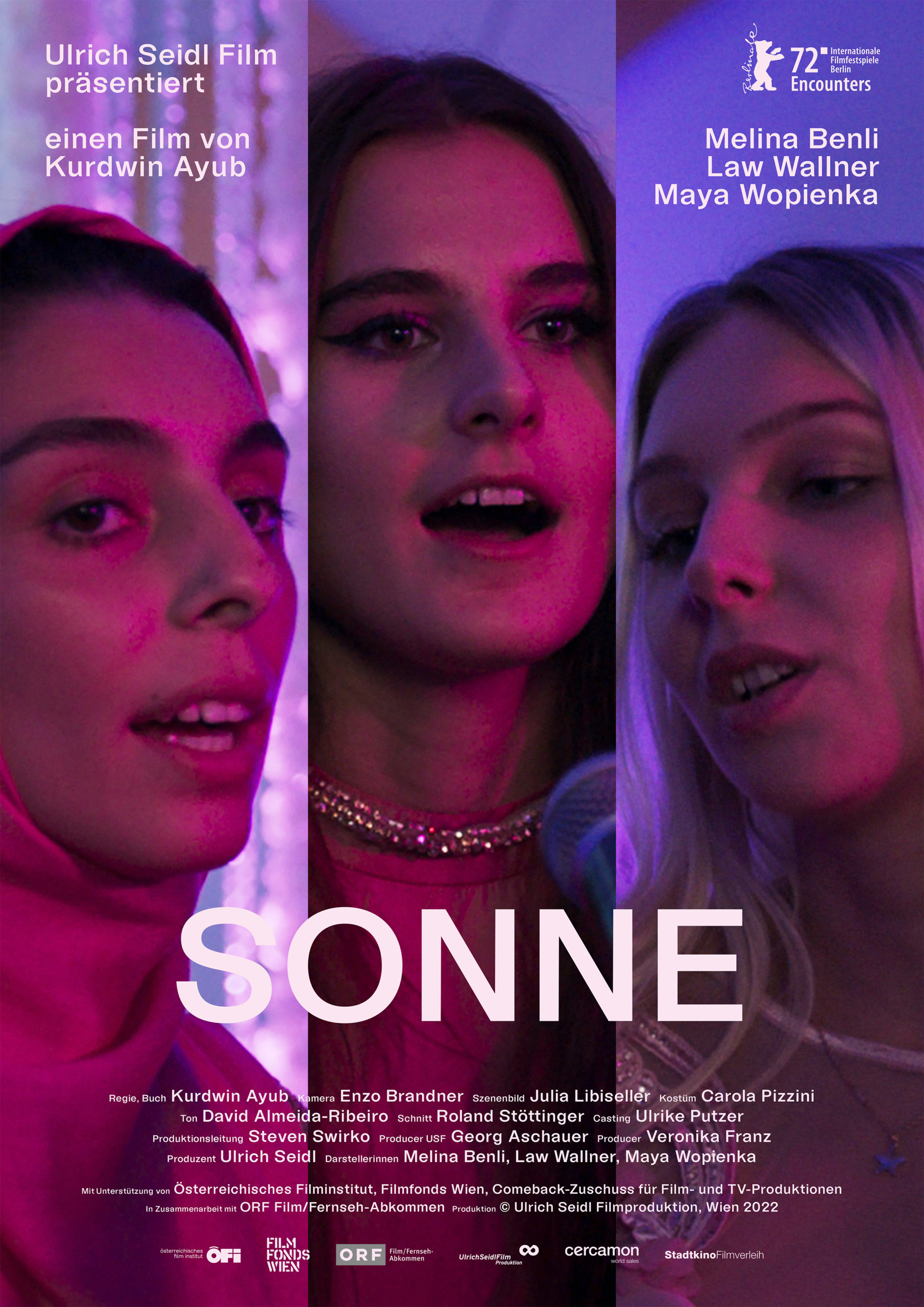 Plakat des Films "Sonne". Es zeigt drei verschieden aussehende weiblich gelesene Personen.