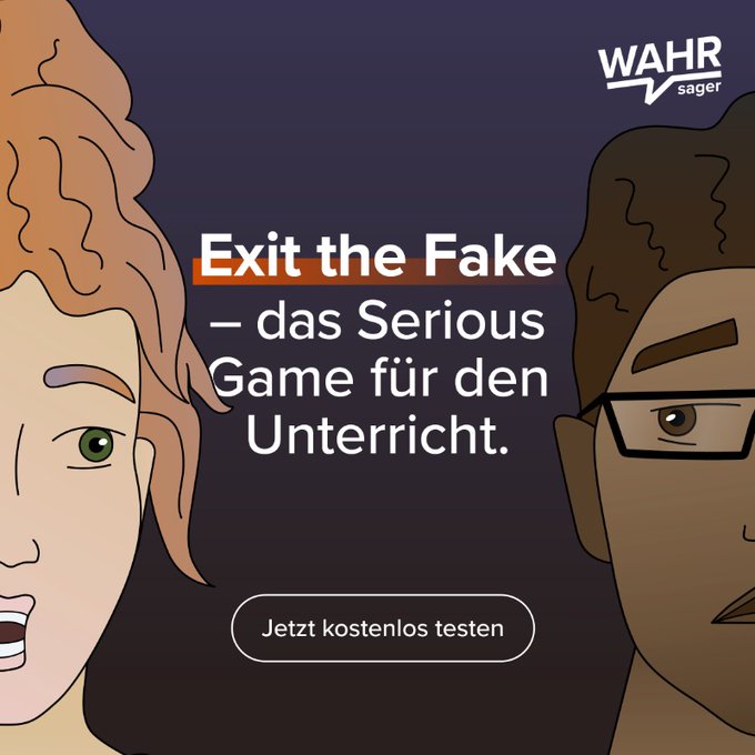Grafik, zwei Menschen an den Bildrändern links und rechts schauen sich verunsichert an, neben ihnen der Schriftzug "Exit the Fake" - das Serious Game für den Unterricht auf dunklem Hintergrund