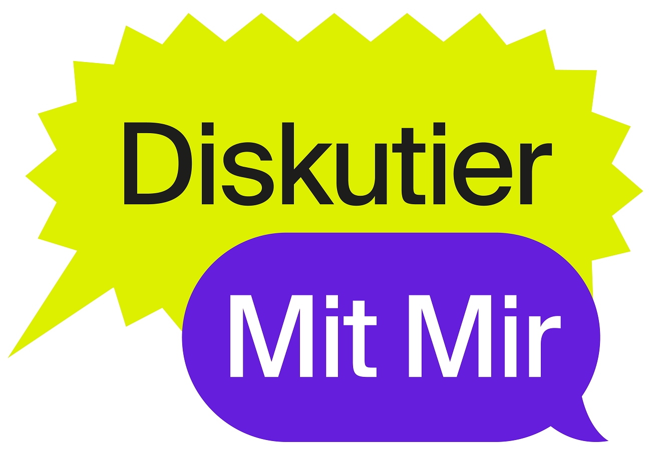 Logo des DIskutier Mit Mir e.V.; eine neon-gelde Sprechblase mit der Innenschrift "Diskutier" wird überdeckt von einer lila farbenen Sprechblase mit der Innenschrift "Mit Mir".